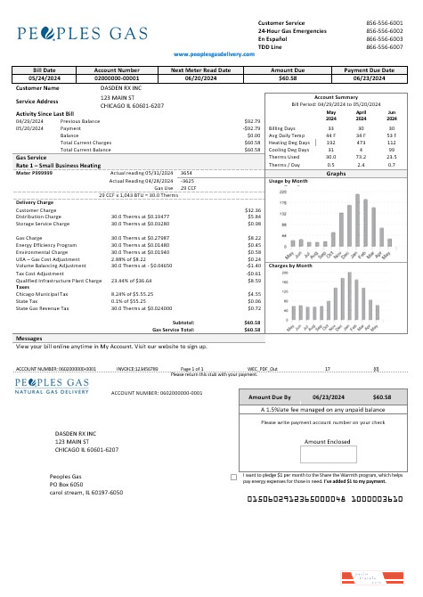 USA Illinois Peoples Gas business utility bill template in Word and PDF formats